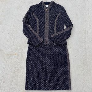 St. John 8 Black Gold Zip Blazer Wool Skirt Suit